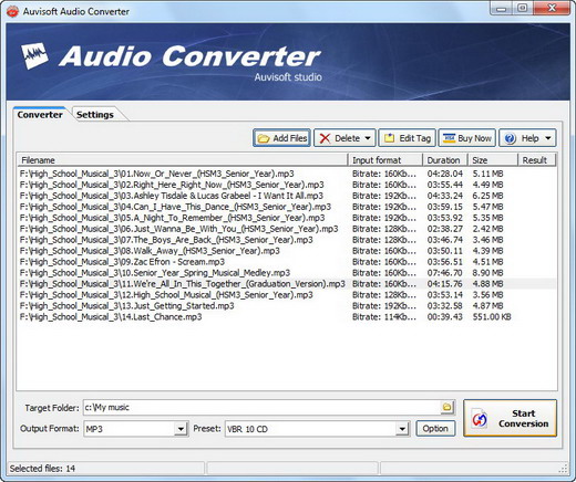 Converts audio formats MP3, OGG, WAV, WMA from one to another